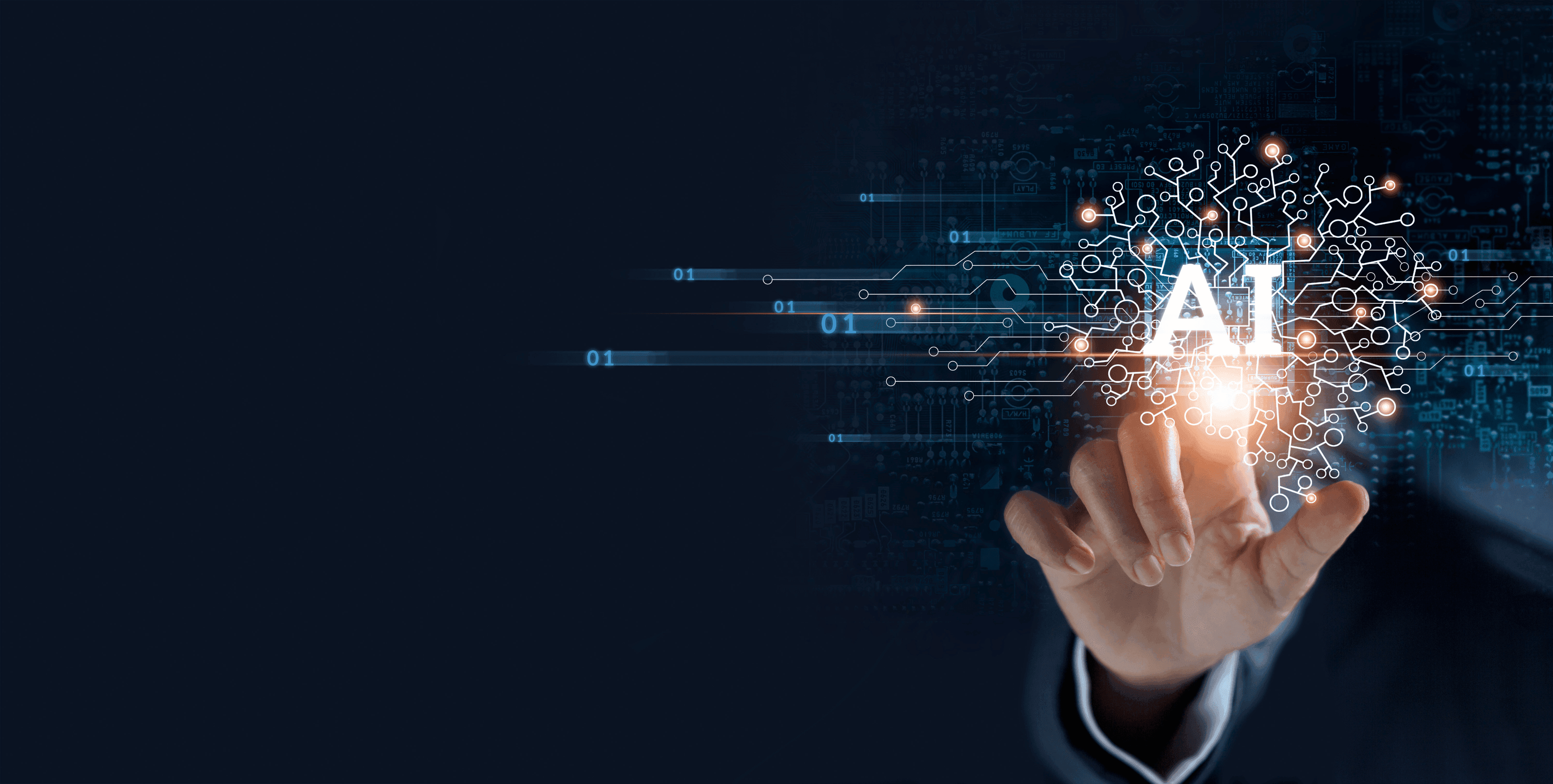 Hand interacts with a glowing AI neural network on a dark technological background.