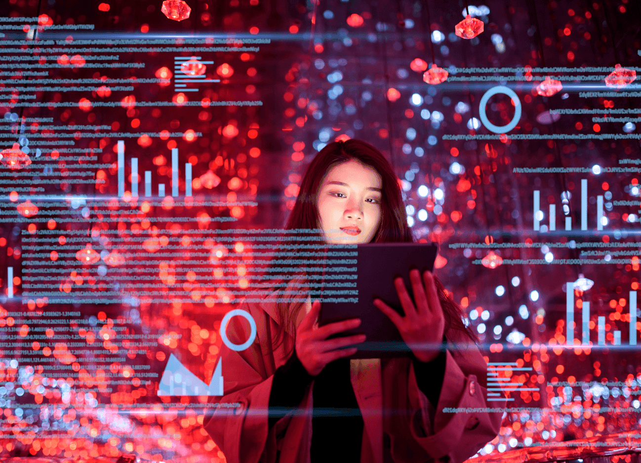 Woman looking at a tablet, surrounded by a futuristic digital data interface.