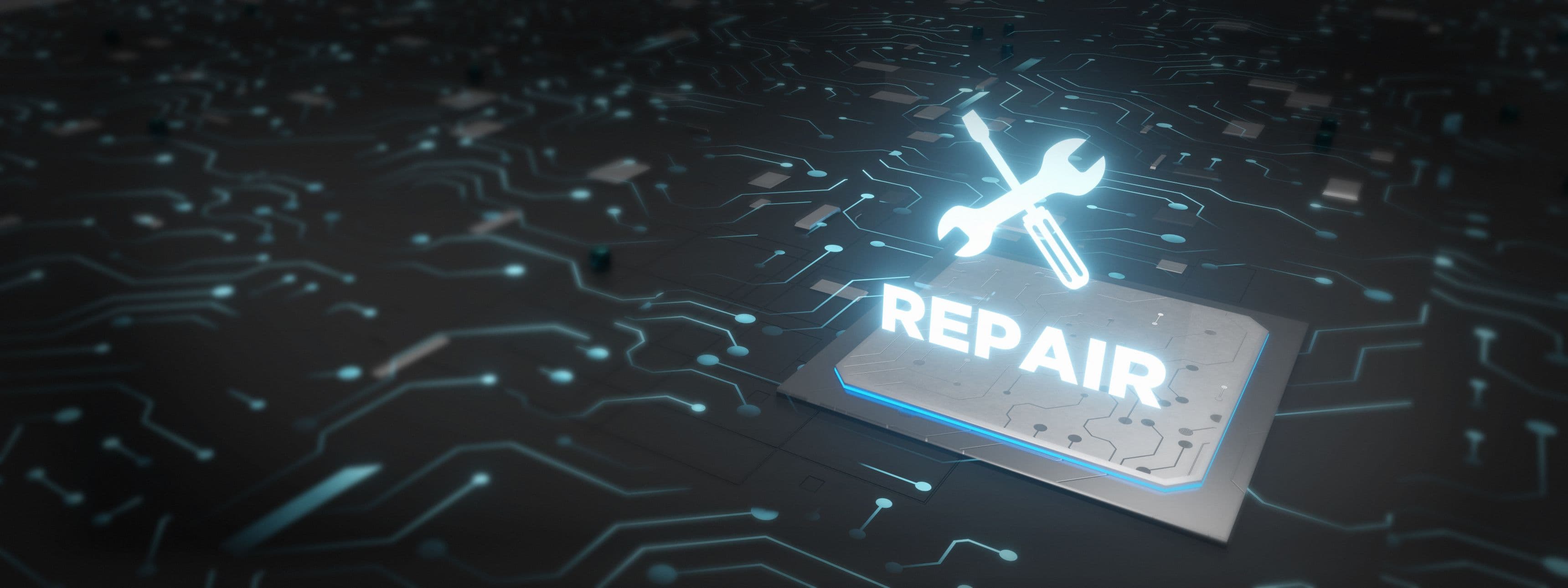 Blue glowing 'REPAIR' button with wrench and screwdriver icon on a dark circuit board.