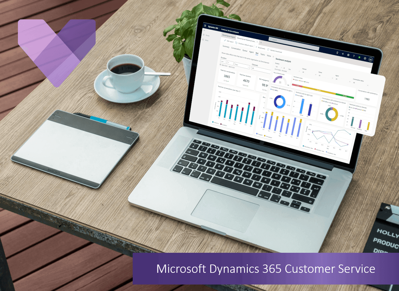 Laptop displays Microsoft Dynamics 365 Customer Service dashboard, coffee and tablet on wood.