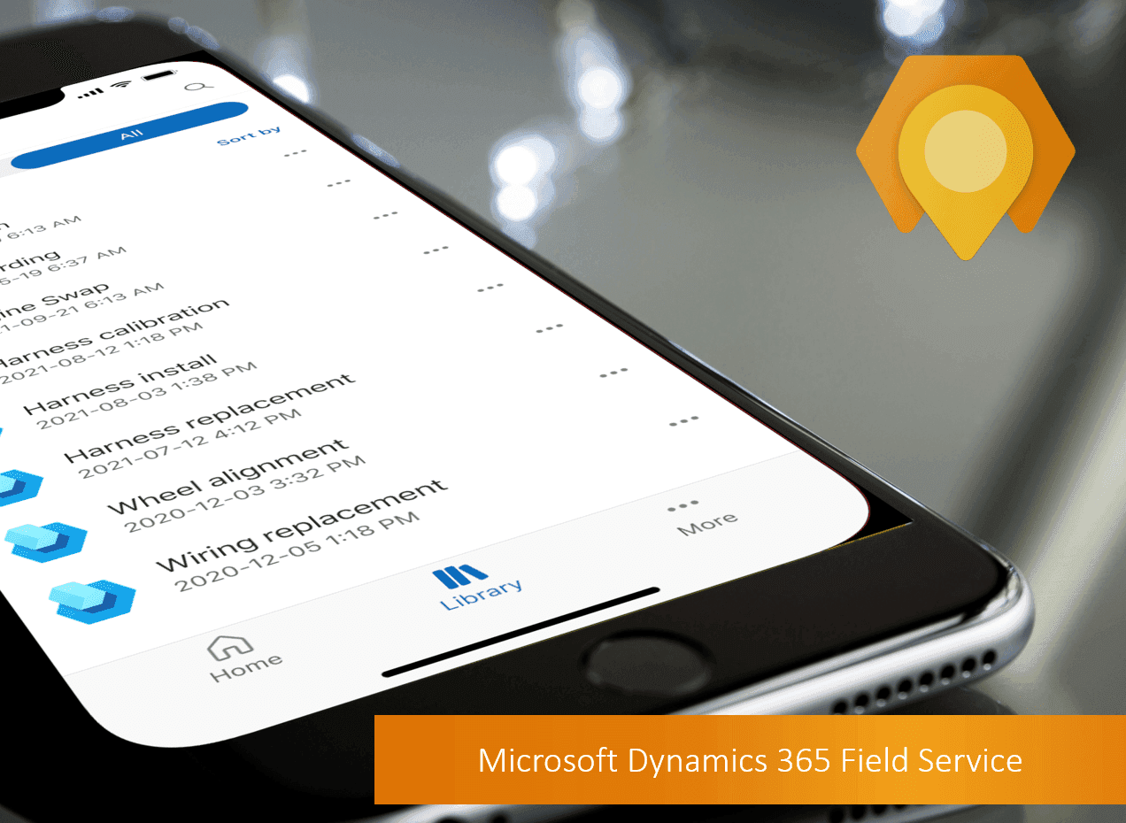 Smartphone displaying Microsoft Dynamics 365 Field Service app with a list of repair tasks.