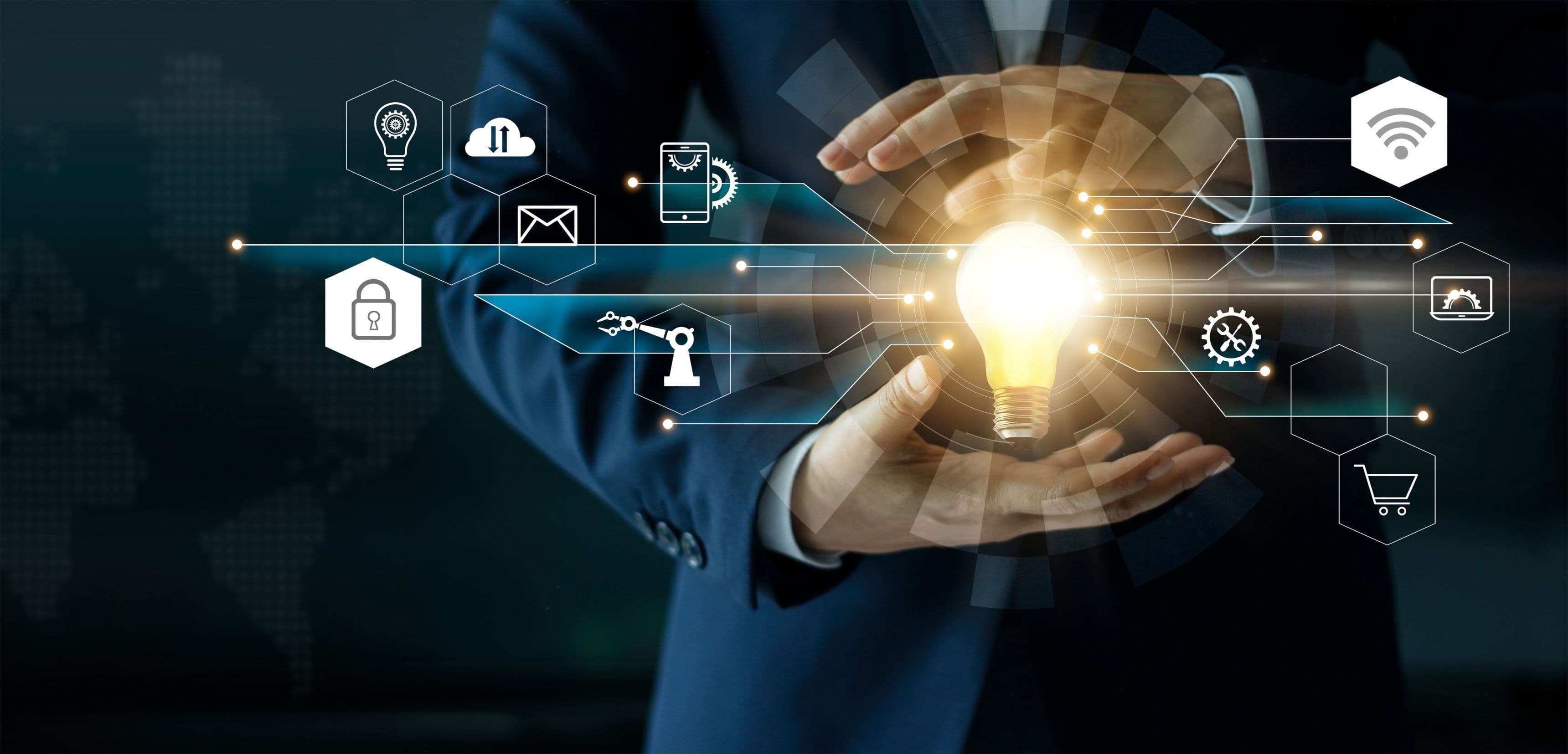 Person's hands hold a glowing lightbulb surrounded by interconnected digital technology icons.