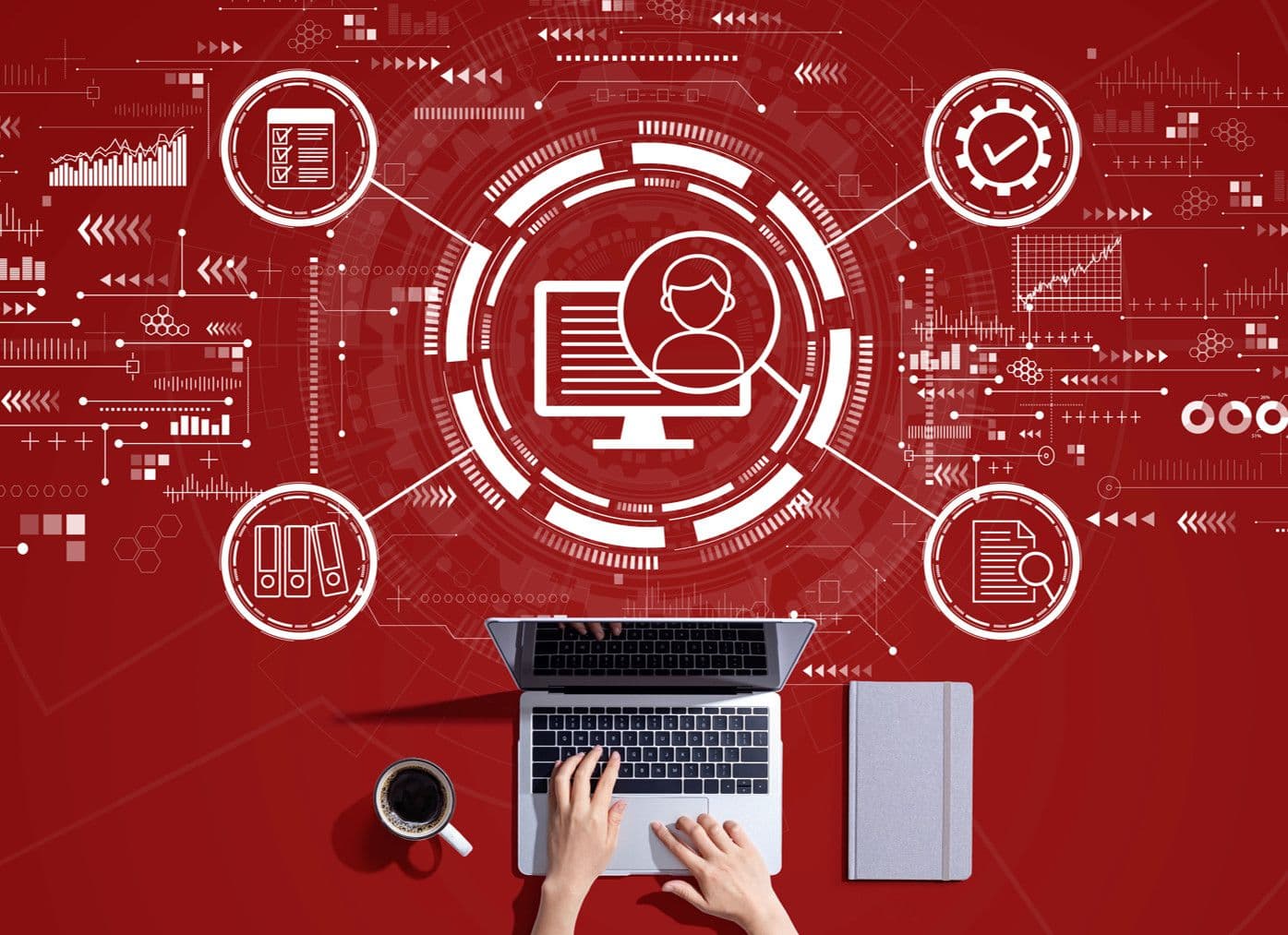 Hands typing on a laptop, surrounded by interconnected digital process icons on a red background.