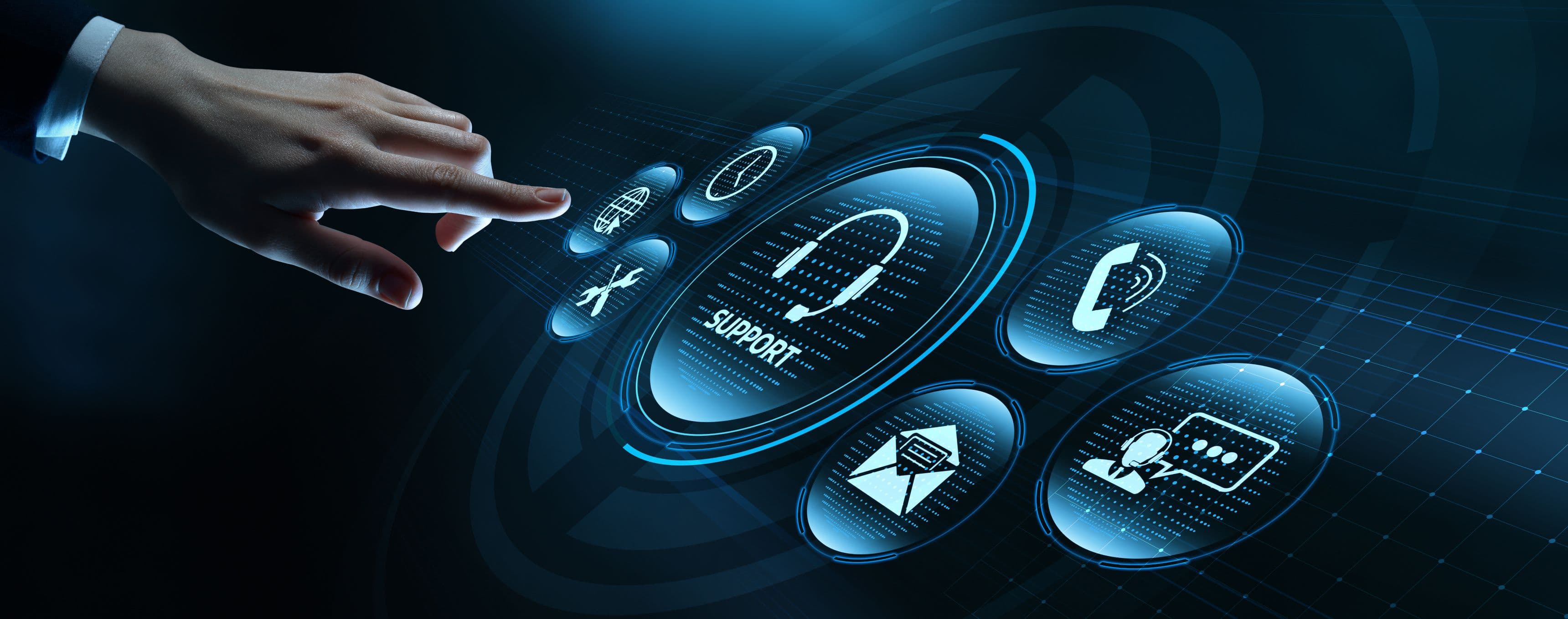 Hand touches glowing digital support interface with various communication icons.