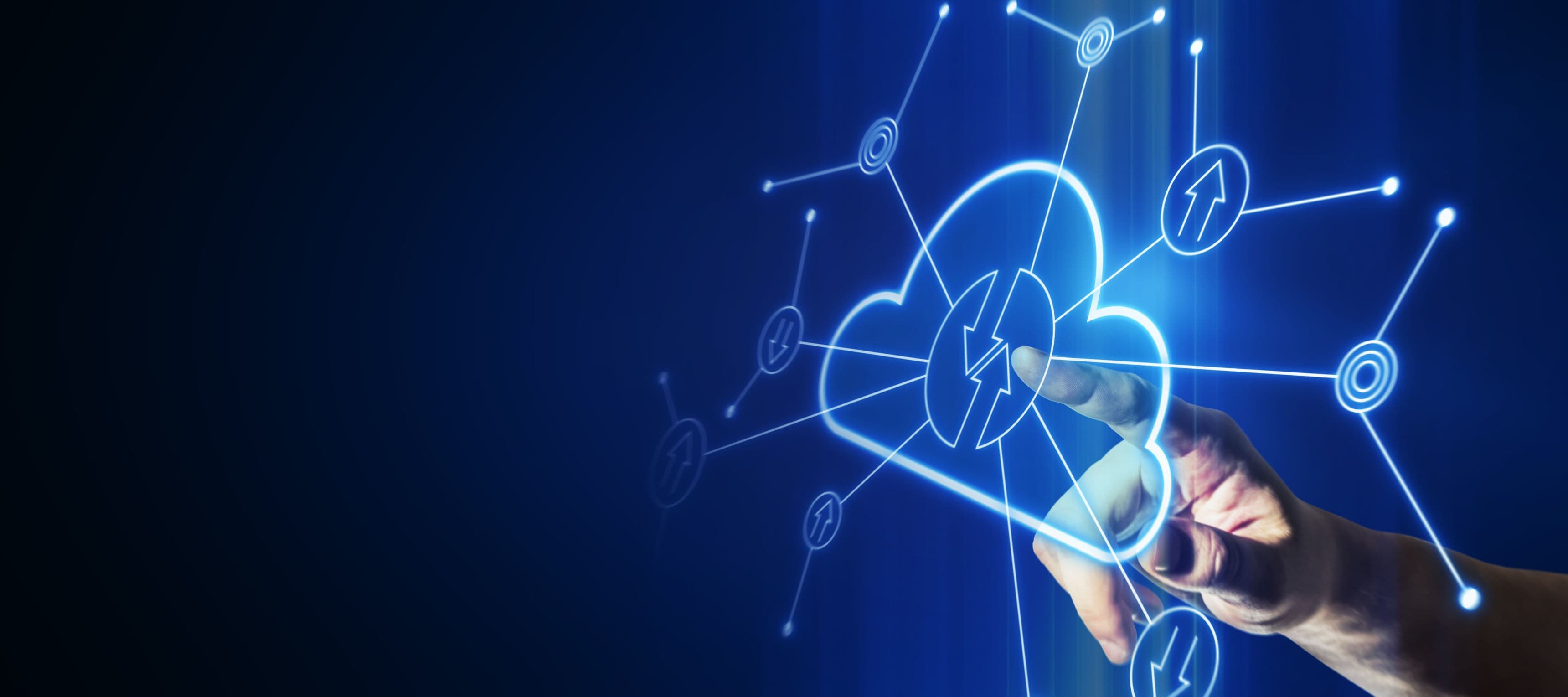 Hand touching a glowing cloud icon surrounded by network connections on a dark blue background.