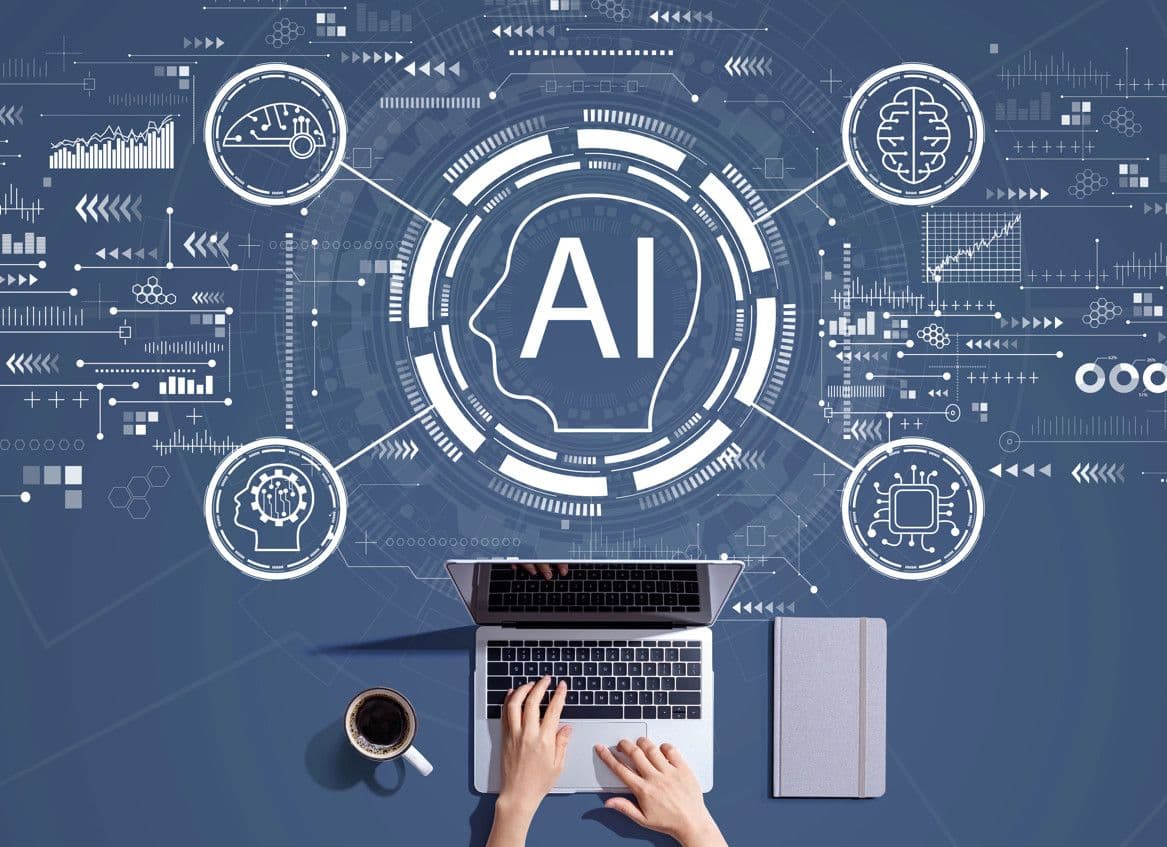 Person typing on a laptop with a digital AI network overlay showing brains and microchips.