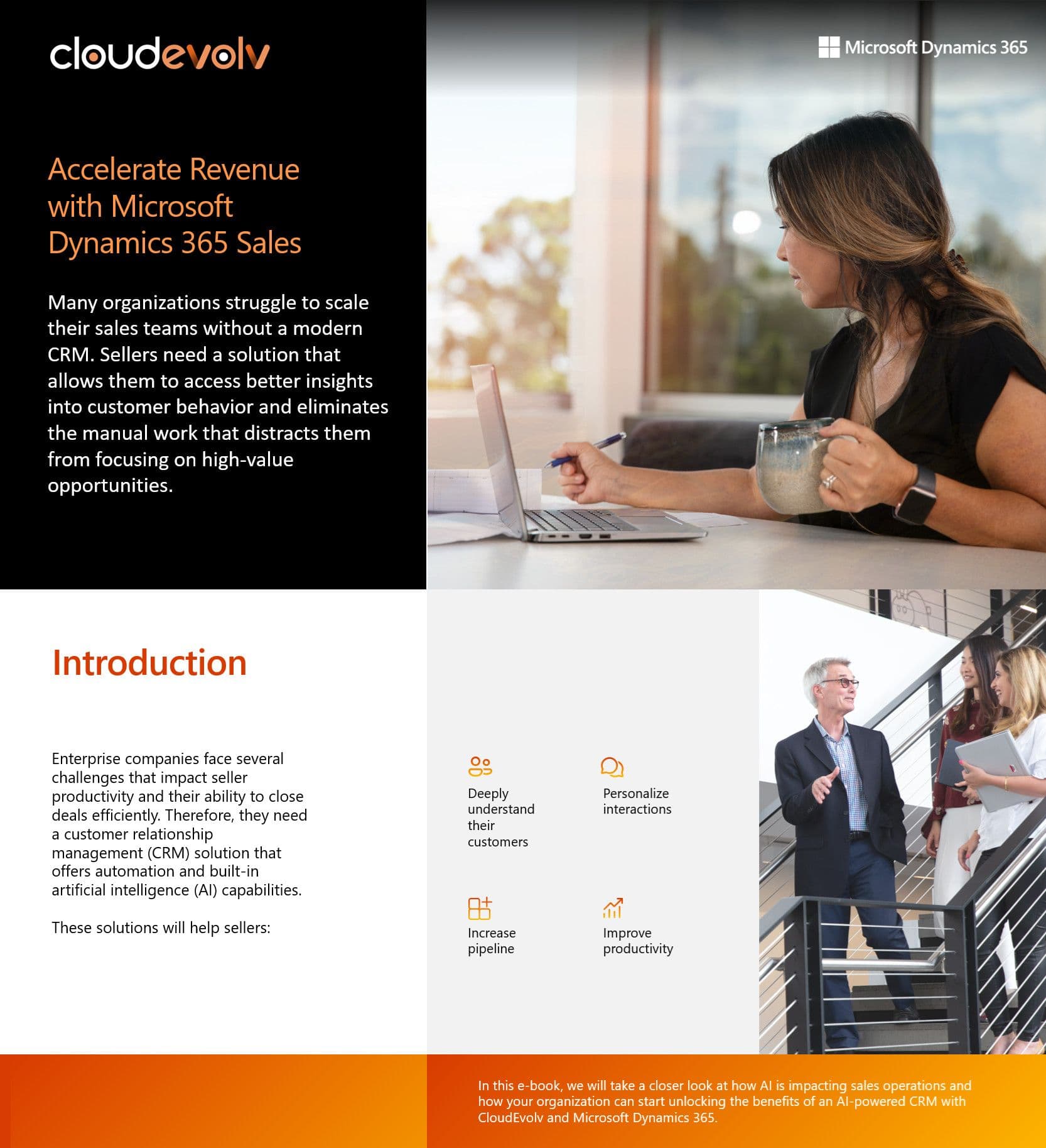 Promotional material for Cloudvally Microsoft Dynamics 365 Sales, featuring a woman working and business people.